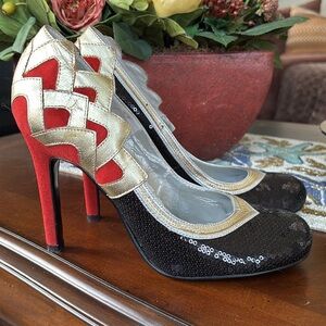 Oh Deer! Ginger Red Suede Black Sequins Gold Metallic Leather Pumps 4" Heels